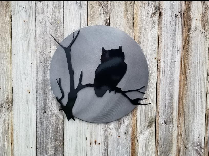 Owl Silhouette On A Branch With Moon-advanced-metal-art.myshopify.com