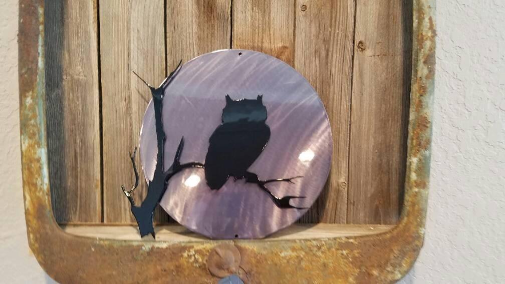 Owl Silhouette On A Branch With Moon-advanced-metal-art.myshopify.com