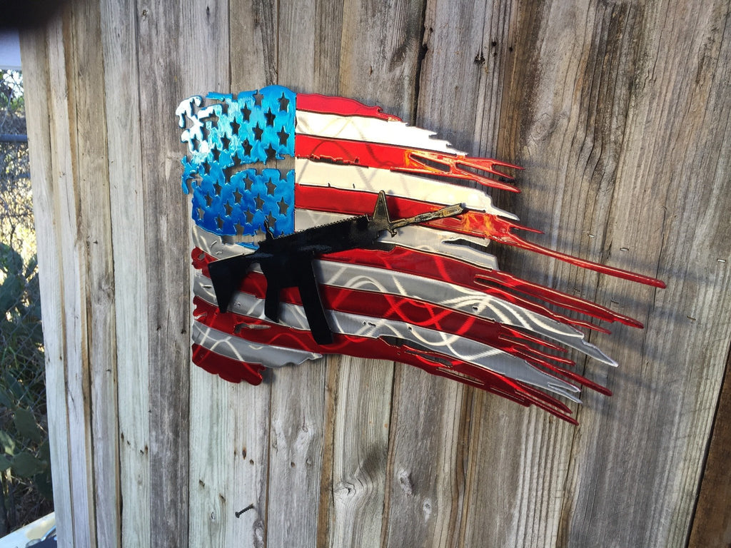 Tattered & Torn American Flag With Second Layer AR15 Rifle-advanced-metal-art.myshopify.com