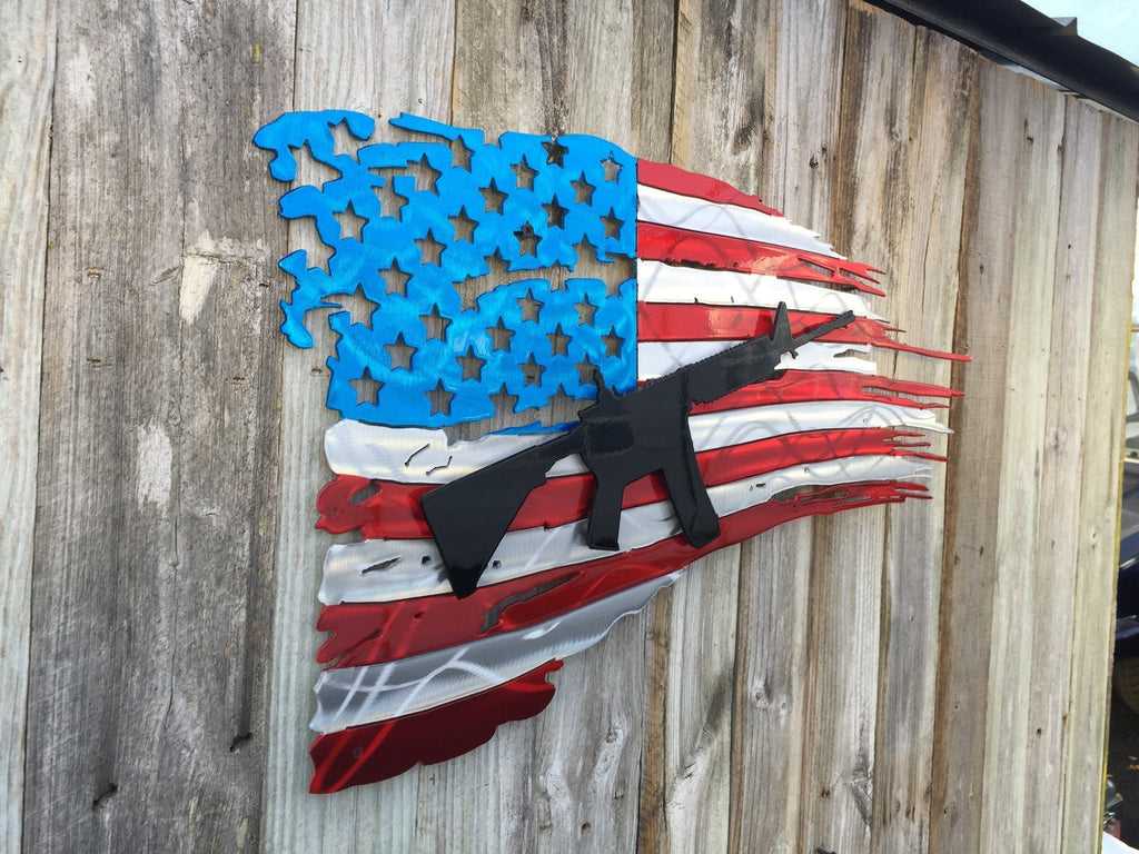 Tattered & Torn American Flag With Second Layer AR15 Rifle-advanced-metal-art.myshopify.com